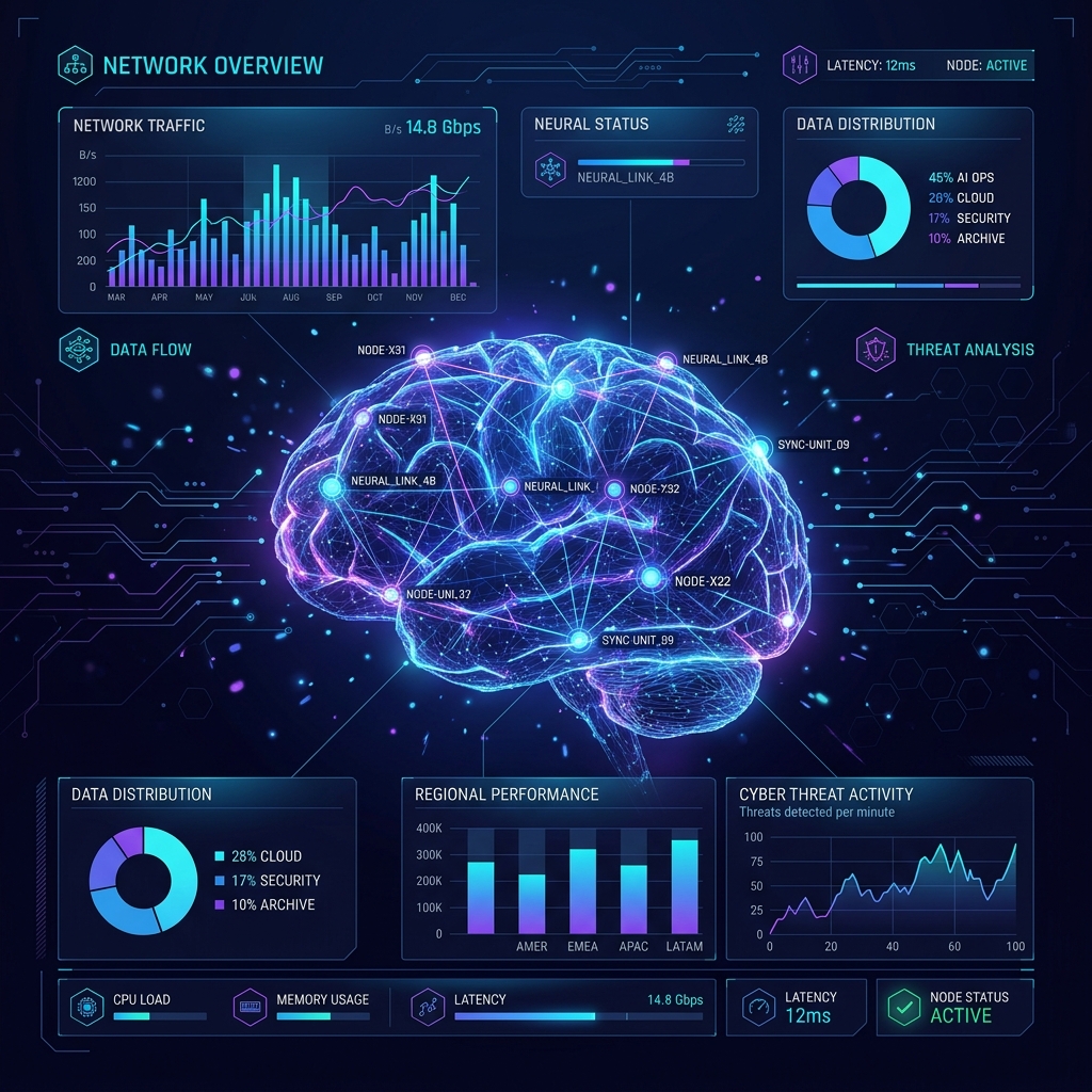Sleek tech dashboard visualization showing data graphs and nodes